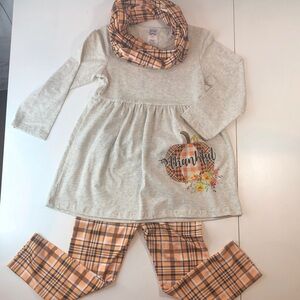 NEW Mia Bella Thankful Pumpkin Tunic Plaid Leggings Scarf Set girls size 6 NWOT
